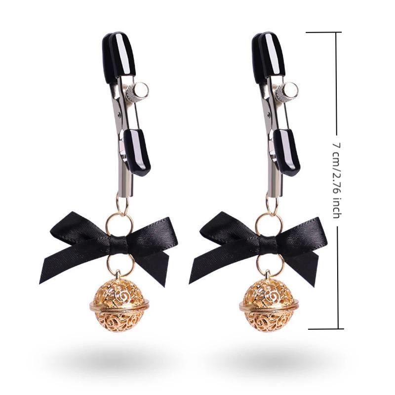 1 Pair Adjustable Nipple Clamps With Black Bow And Hollow Golden Bell Perfect For Couple Intimate Play Bedroom Cosplay SM Games