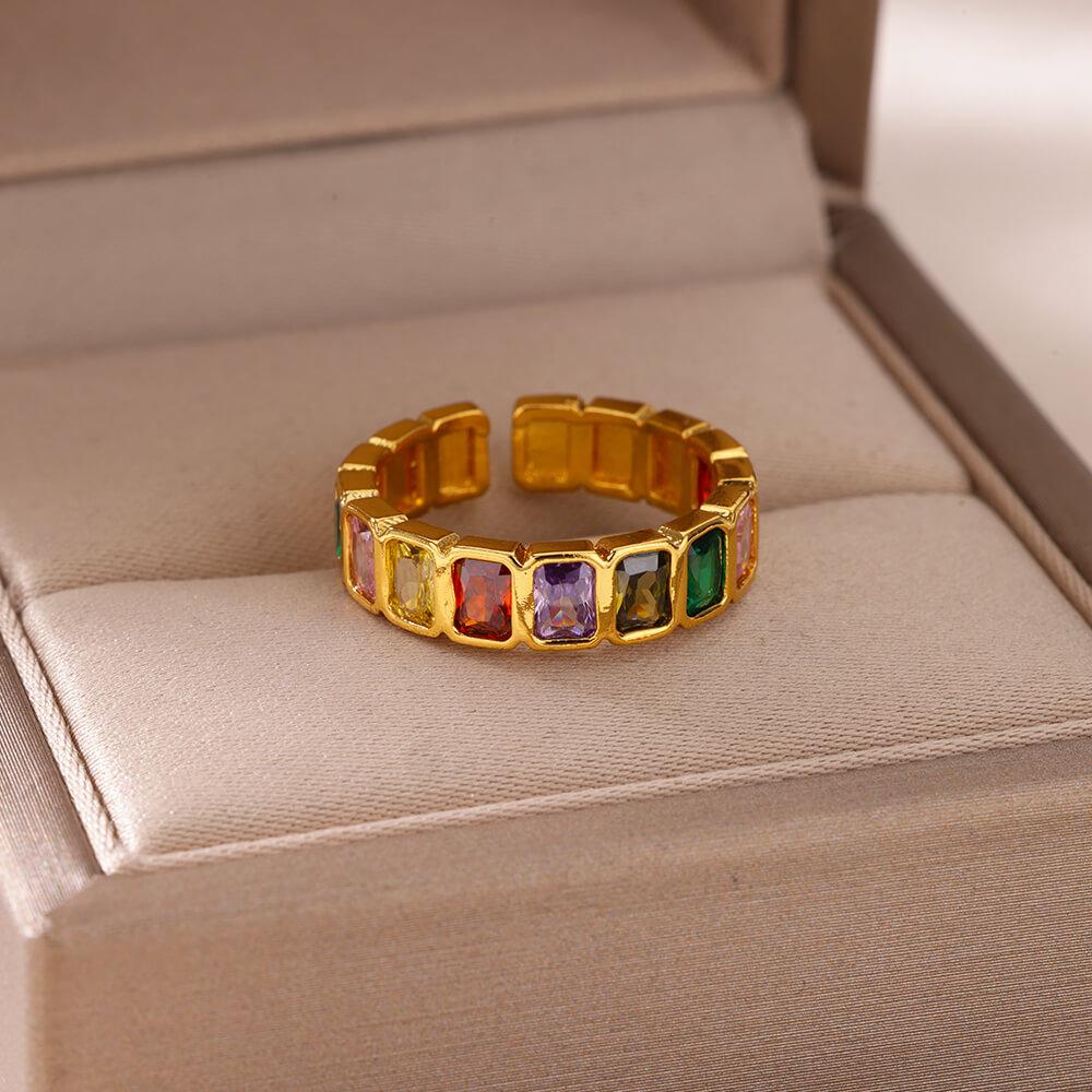 Colorful Cubic Zircon Ring for Women Stainless Steel Gold Color Open Ring Vintage Boho Wedding Party Zircon Gift Accessories