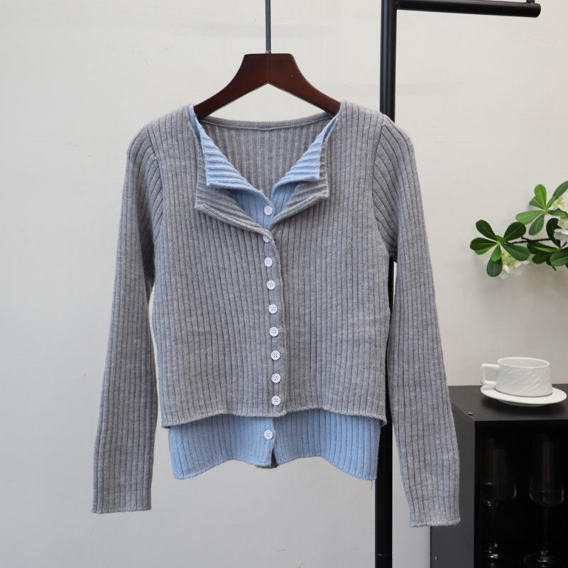 Contrasting color fake two-piece long-sleeved knitted cardigan autumn new slim-fitting and thin design bottoming top women