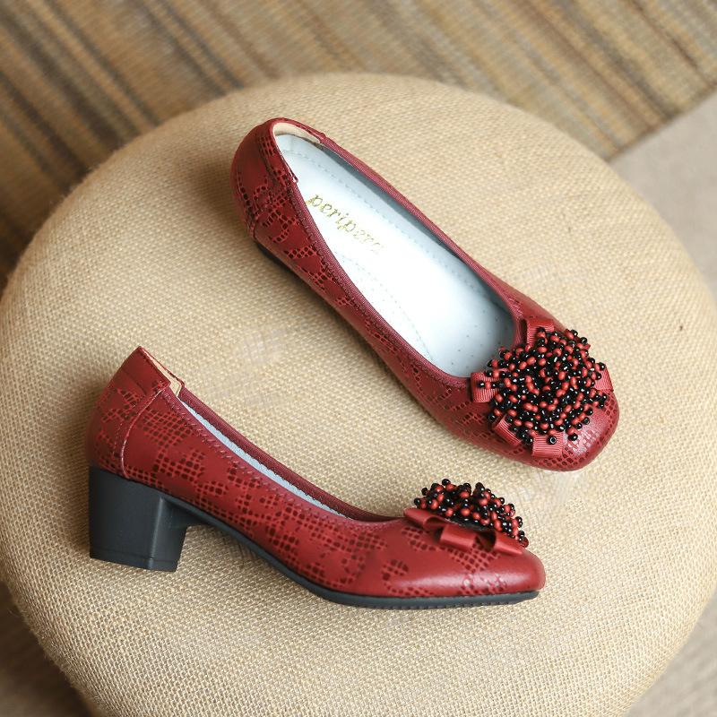 Fashion Women's Shoes Spring New Thick Heel Cowhide Shallow Mouth Single Shoes Printed Beaded Wedding Party Fashion Women Pumps