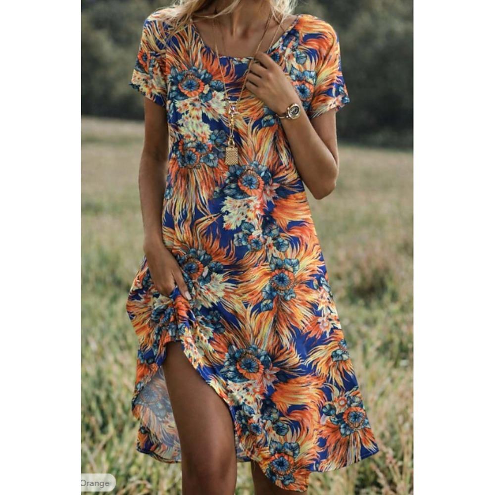 Vestidos Casuales de Moda Vintage con Estampado de Verano Primavera Manga Corta Cuello Redondo para Mujer