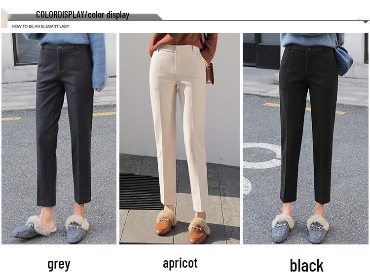 Women's High-Waisted Wool Blend Fleece-Lined Cropped Pants - Autum/Winter Casual Straight Leg
