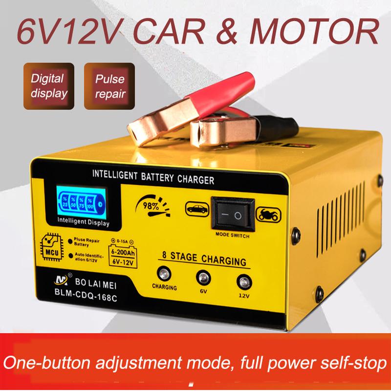 Automatic 6V 12V Car Battery Charger 6Ah-200Ah 15AMP Smart Battery Charger Fast Charging Pulse Repair Charger for Car Motorcycle