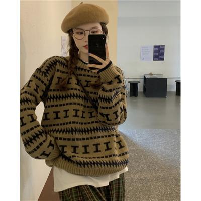 Retro Lazy Wind Letter Contrasting Color Round Neck Long-sleeved Sweater Women's Autumn and Winter Pullover Loose and Thin Outer Wear Knitted Sweater