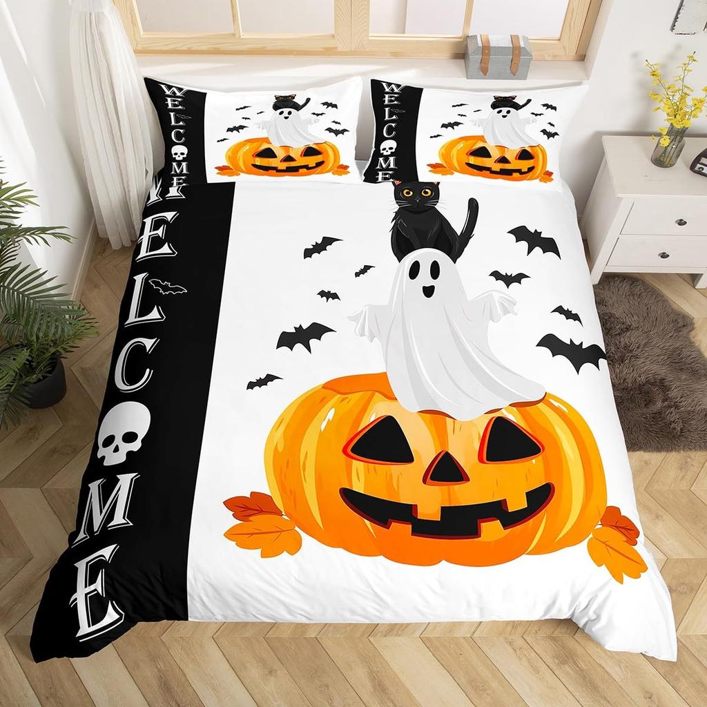 Halloween Bettbezug Zuckerschädel Kopf Bettwäsche Set Queen/Full Größe, Gruselig Erschreckende Fledermäuse Skelett Bettdeckenbezug für Teenager Jugendliche