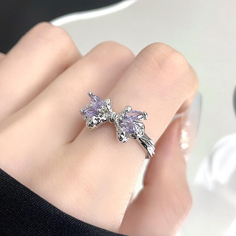 

Purple Diamond Bow Love Ring Women S Personality Light Luxury Temperament Index Finger Ring Niche Design Advanced Sense Fashion Ring Adjustable opening