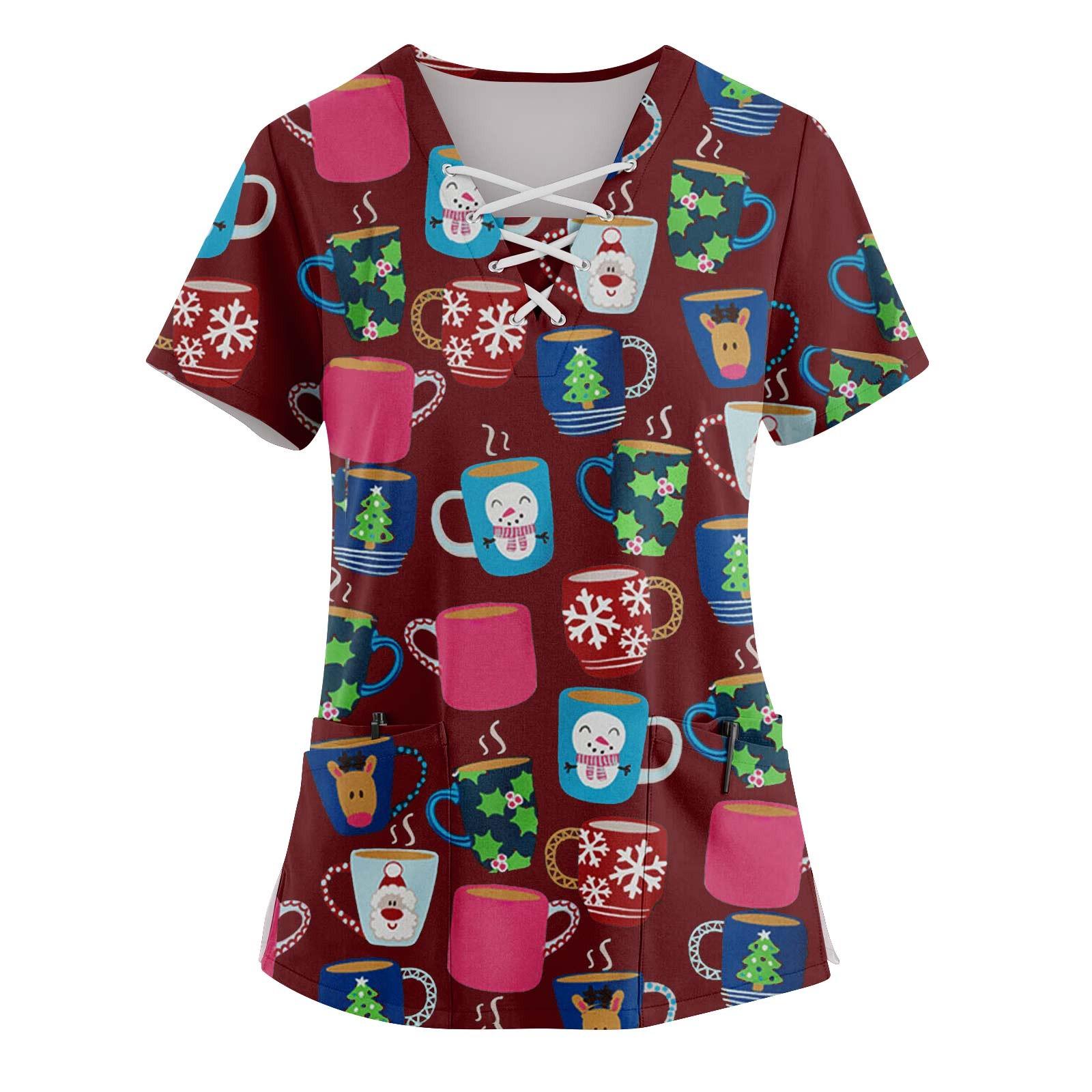 

Женский топ с короткими рукавами, V-образным вырезом, принтом и карманом XXXL винный