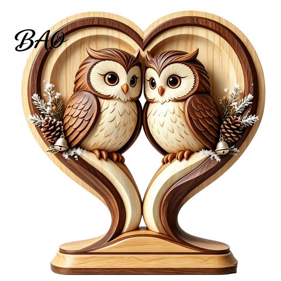 Hand Polished Wood Decor Wooden Animal Ornament with Stable Base, Double Layer Carved Figurine, Rustic Crafts for Office Heart Shape Sculpture