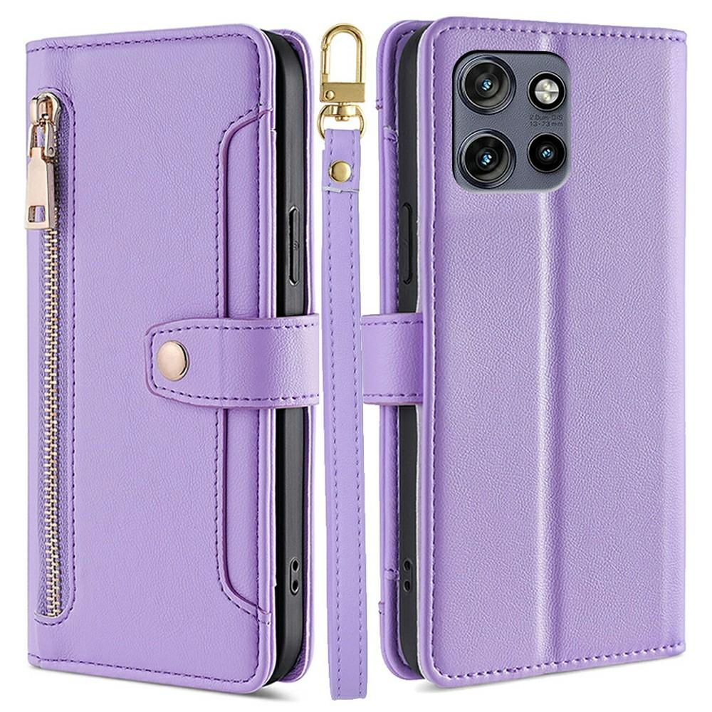 For Motorola Edge 50 Neo 5G Leather Case Zipper Pocket Wallet Phone Cover with 2 Straps