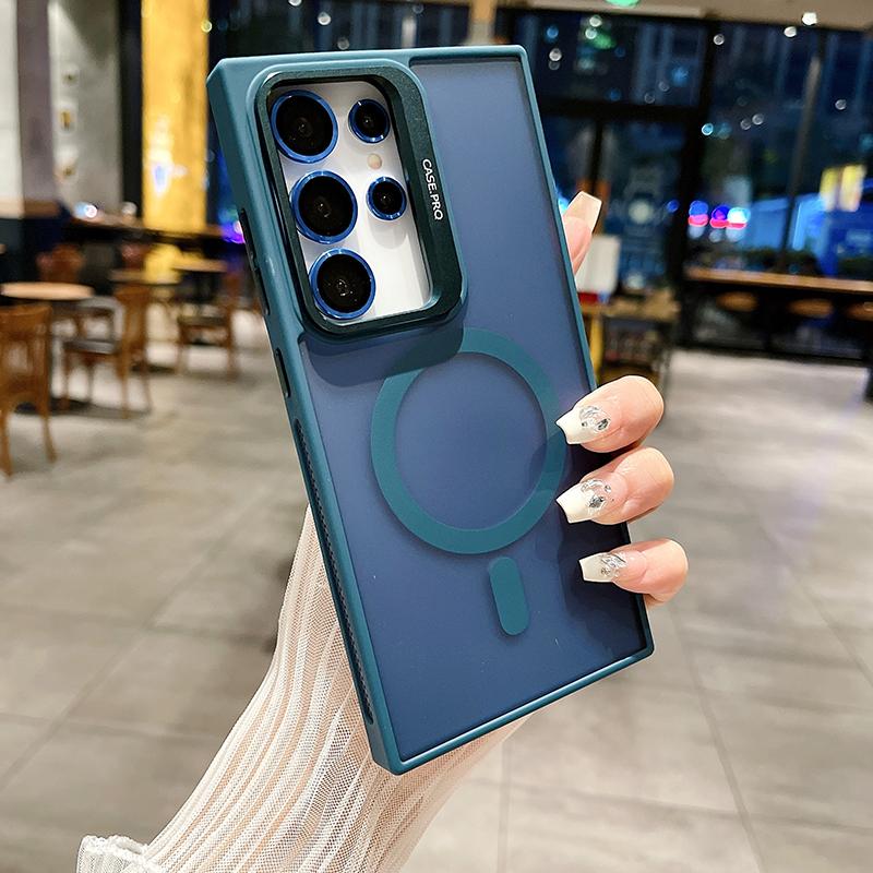 For Magsafe Magnetic Wireless Charging Metal Lens Holder TPU Frame Phone Case For Samsung S24 Ultra Plus Matte PC Back Cover