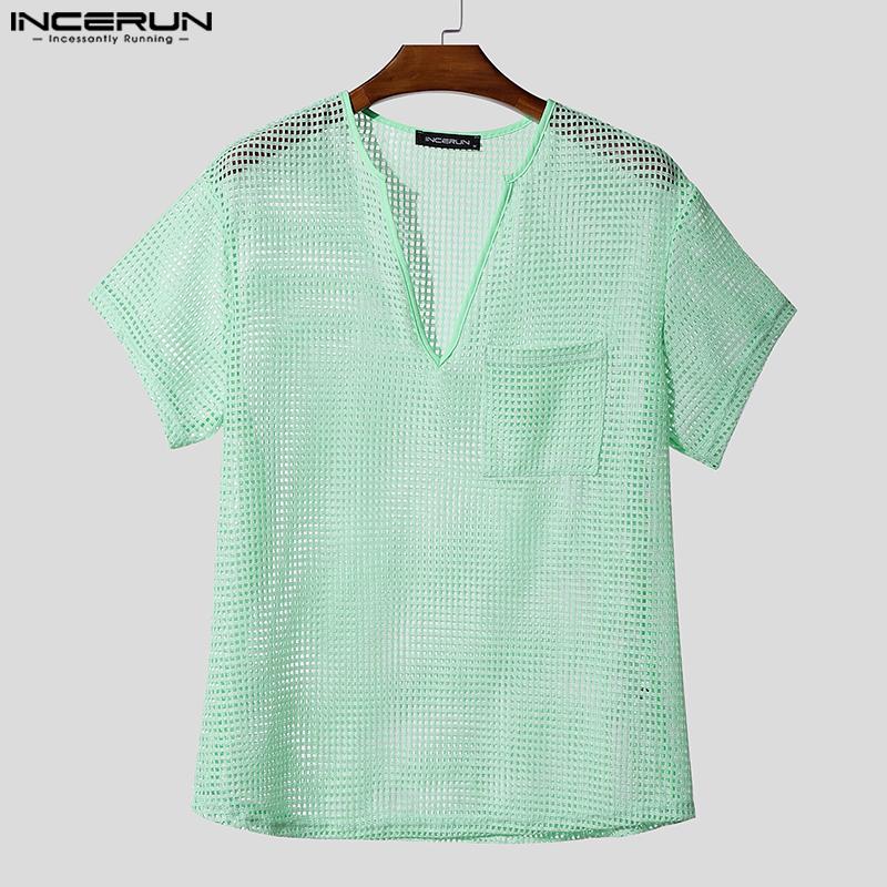 INCERUN Męskie Koszulki z Krótkim Rękawem z Siateczki Przezroczyste Puste Plażowe Top