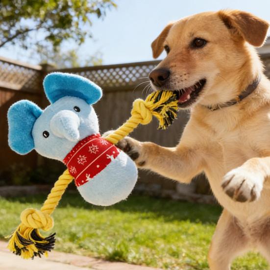 Stuffed Elephant Dog Toy with Rope Arm Squeaky Plush Animal Dog Chew Toy Interactive Tug-of-War Toy for Dogs Teeth Cleaning Puppy Teething