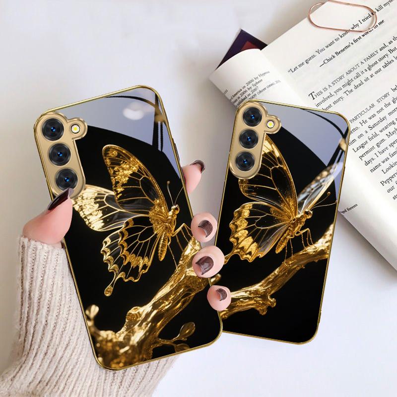 Butterfly on the Branch For Samsung Galaxy S20 FE S21 S22 S23 Plus S24 Ultra S25Ultra S21+ S9+ S22Plus Golden glass phone case