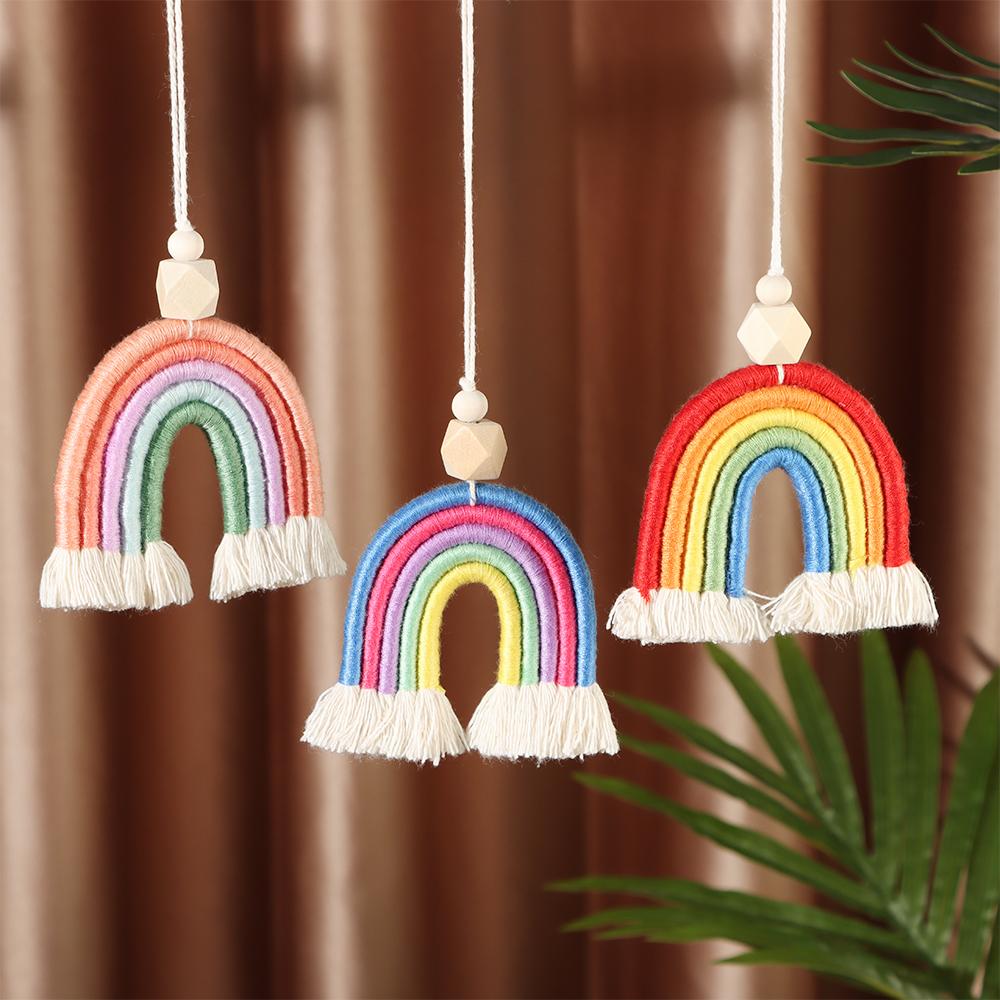 

Boho Handmade Rainbow Decoeation Weaving Rainbow Keychains Car Rearview Mirror Pendant Auto Interior