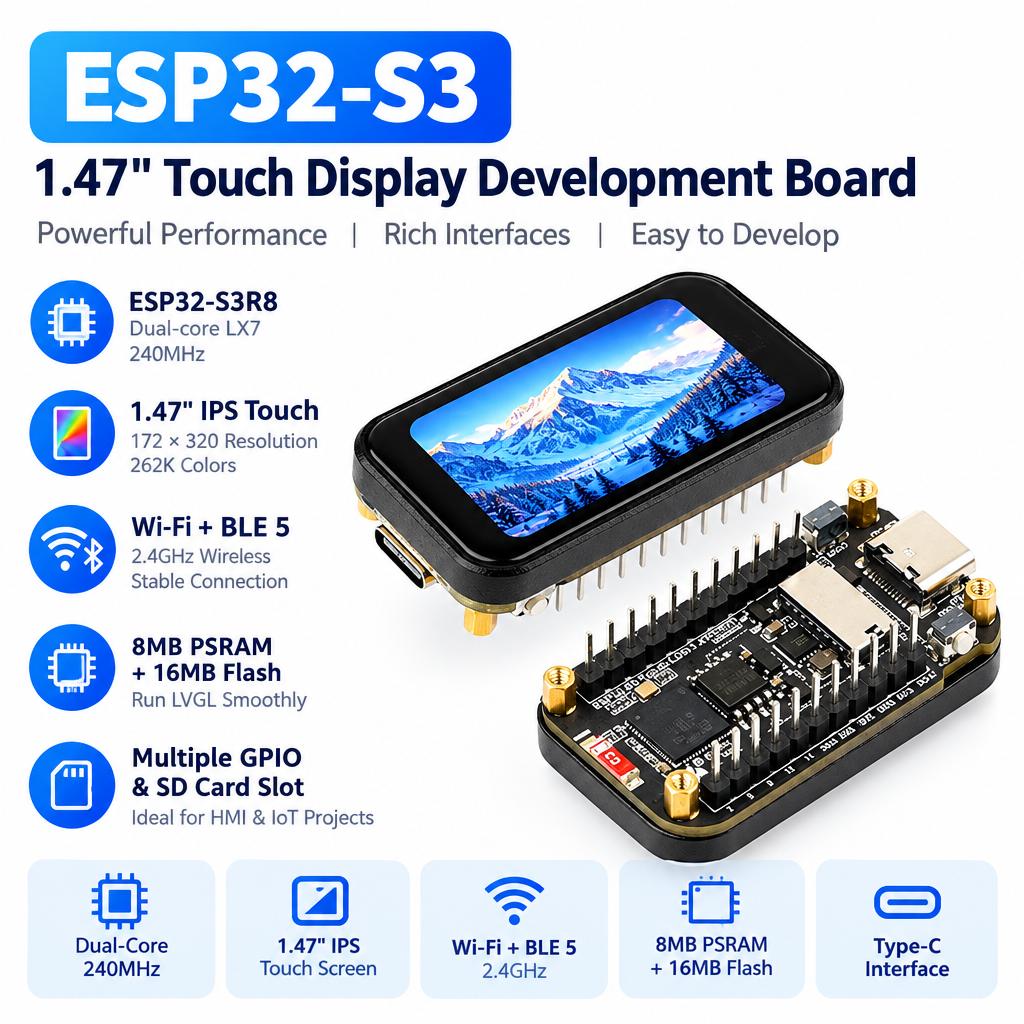 ESP32-S3 Development Board with Dual-Core LX7 240MHz Processor 1.47inch IPS Touch Screen Wi-Fi BLE5 Type-C Interface