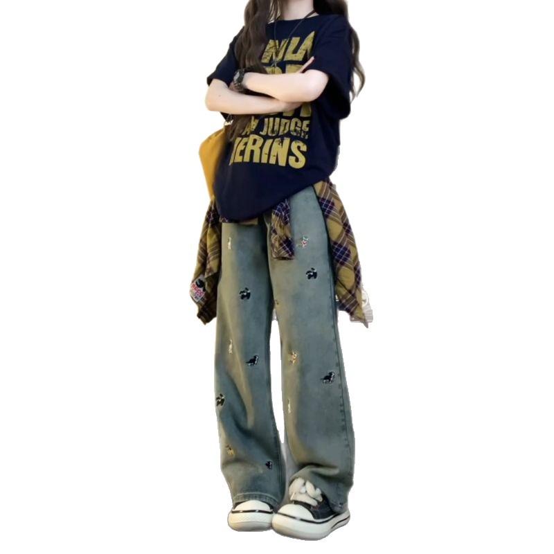 Women's High Waist Retro Puppy Embroidered Wide Leg Jeans