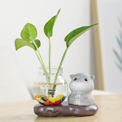 Tierfigur mit Vase, Teetisch, Mini-Blumenvase, Keramik, Hirsch und Katze mit Hydrokultur-Pflanzgefäß aus Glas für Zuhause, Schlafzimmer, Wohnzimmer, Dekoration