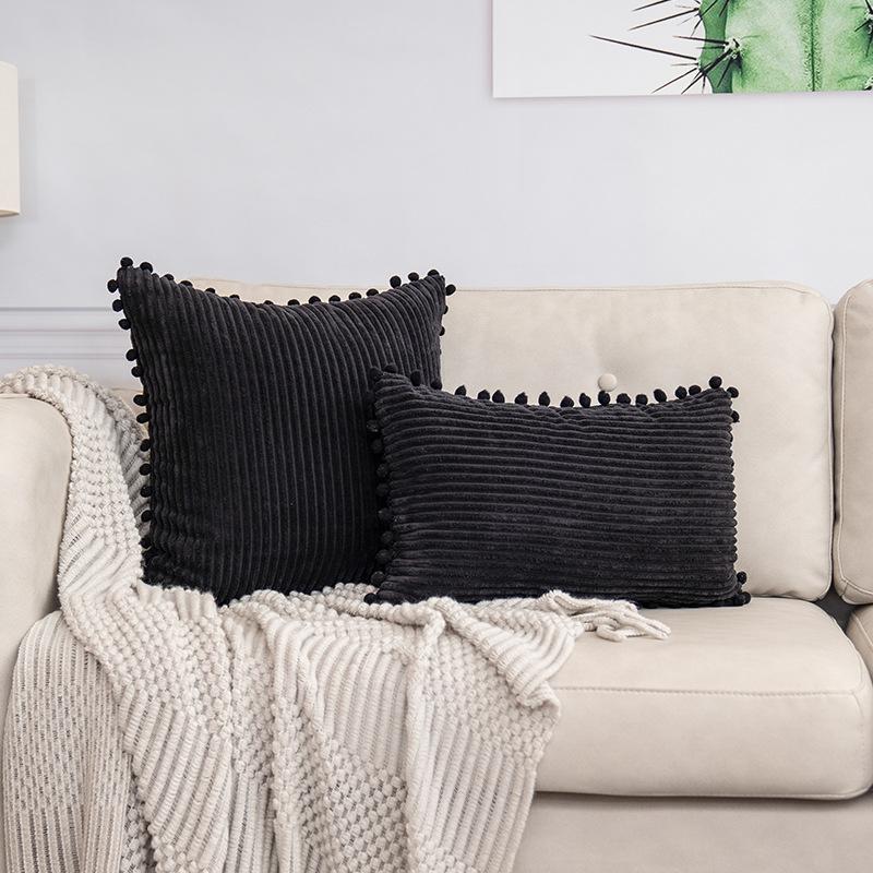 2PCS Boho Chic Corduroy Throw Pillow Cover with Pom-Poms - Soft, Striped Square Cushion Case for Living Room & Bedroom Decor, Perfect for Weddings