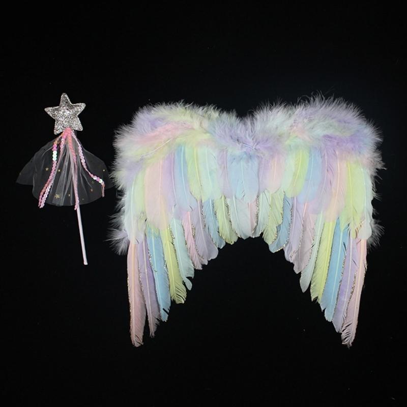 Angel Wings Feathers Wings Adjustable Srap Magic Wand Halloween Costume Wings for Women Girls Cosplay Prop Fairy Wings