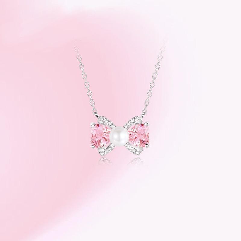 2026 Bow Necklace Women's Niche Pendant Wind Clavicle Chain Temperament Premium Necklace Pink