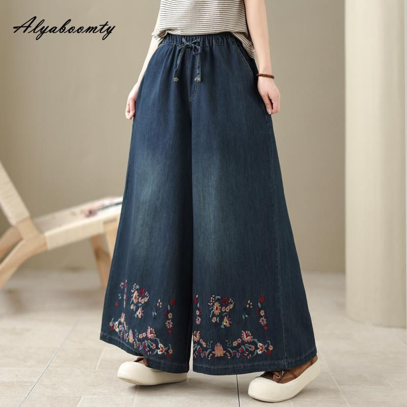 Plus Size Spring Fall Women Vintage Jeans Drawstring Elastic Waist Floral Embroidery Wide Leg Denim Trousers Casual Loose Ladies' Jeans With Pockets