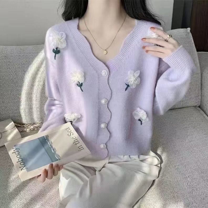 Ležérne pletené svetre s dlhým rukávom a výstrihom do V Dámske Jarné a jesenné korálky na nechty Lazy Style 3D kvet Cardigan kabát Top