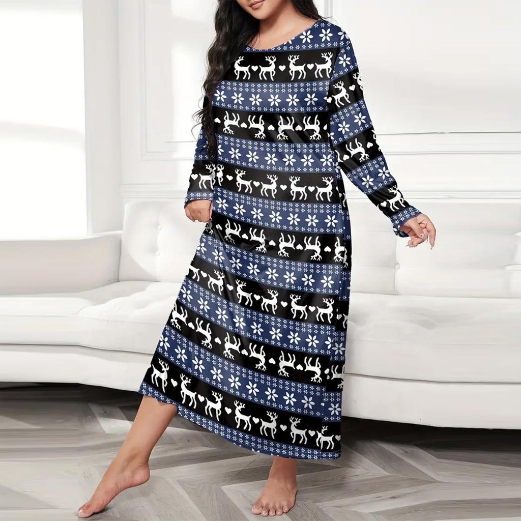 Women's Fashionable Plus Size Pajamas Round Neck Long Sleeved Print Length Nightgown Dress Clothes Sale