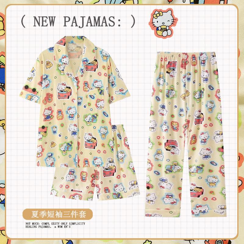 Bear pajamas women's summer short-sleeved shorts and trousers three-piece set women's loungewear can be worn outside
