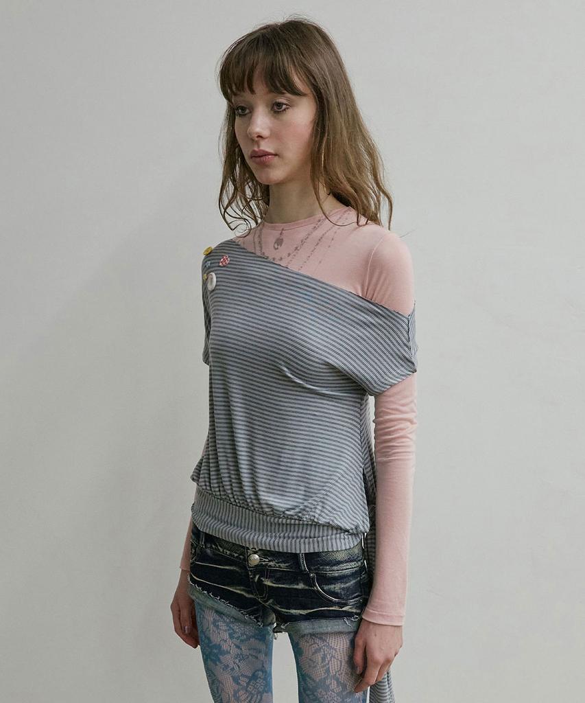 SCULPTOR Off-Shoulder Button Tee Dusty Blue