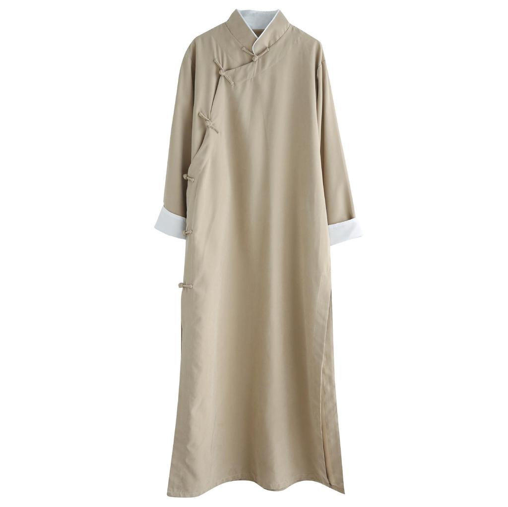 Ma Fan Men's Tang Suit Snowflake Satin Long Gown: Chinese Style Mid-Length Stand-Up Collar Roll-Up Sleeve Solid Color Robe.