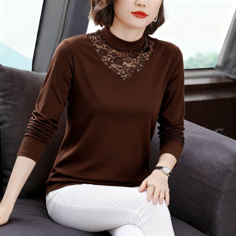 Pure Cotton Half-Turtleneck Lace Base Shirt for Women, New Spring, Autumn, and Winter Style, Fleece-Lined Long-Sleeve Slim-Fit Inner Top, Trendy