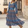 Robe Maxi Vintage à Imprimé Floral avec Col en V, Manches Lanternes et Jupe Superposée - Motif Bleu Vert & Marron
