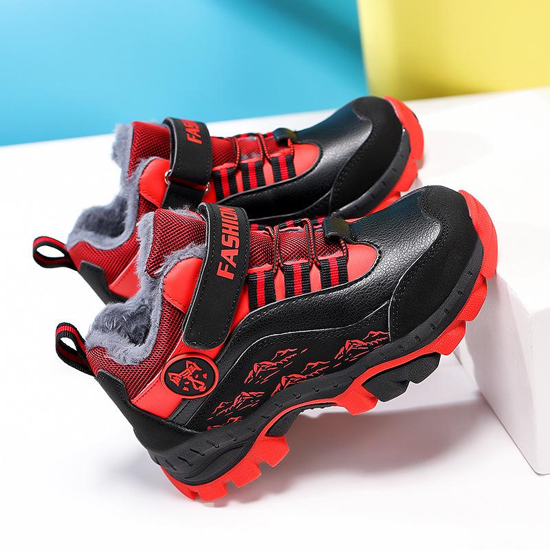 2025 Winter New Boys' Sports Cotton Shoes Leather Waterproof Strap Steel Claw Anti-Slip Fleece Warm Snow Cotton Shoes Men