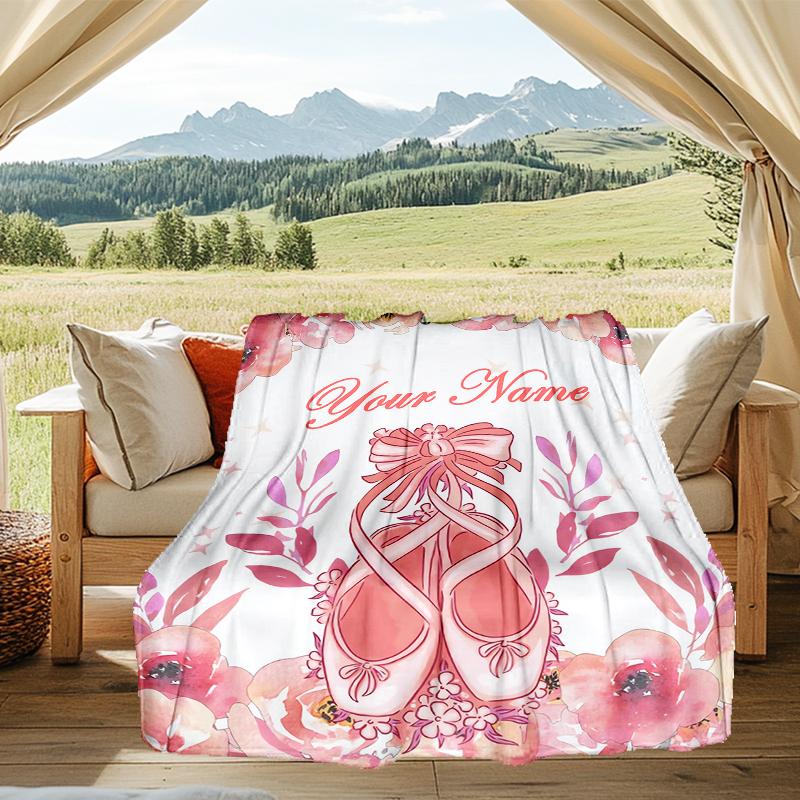 1PC Custom Name Dance Shoes Floral Background Outdooor Flannel Blankets Patterns Throw Blanket All-Season Soft Gift for Couch, Bed, Camping Gifts