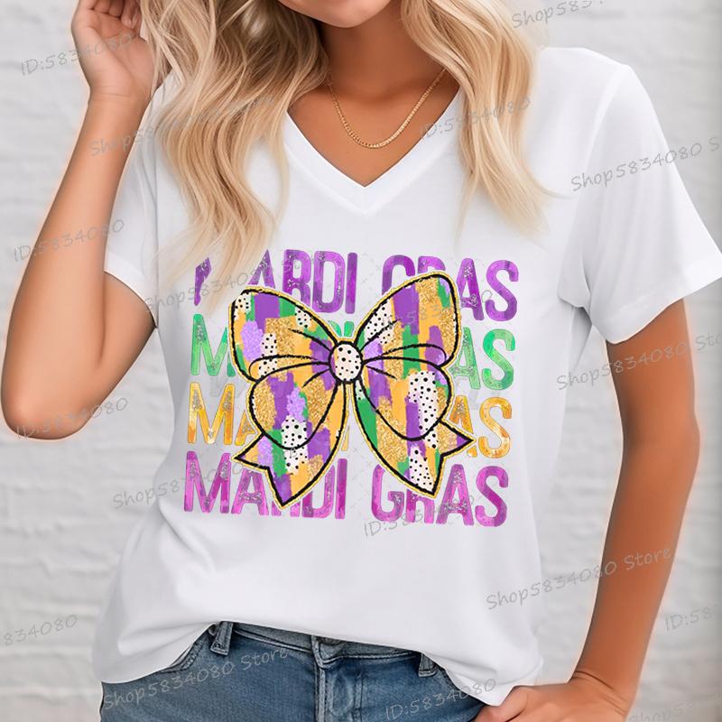 Модная женская футболка Mardi Gras Винтажная рубашка с бантом Карнавал в Новом Орлеане Топы для фестивальной вечеринки Mardi Gras S