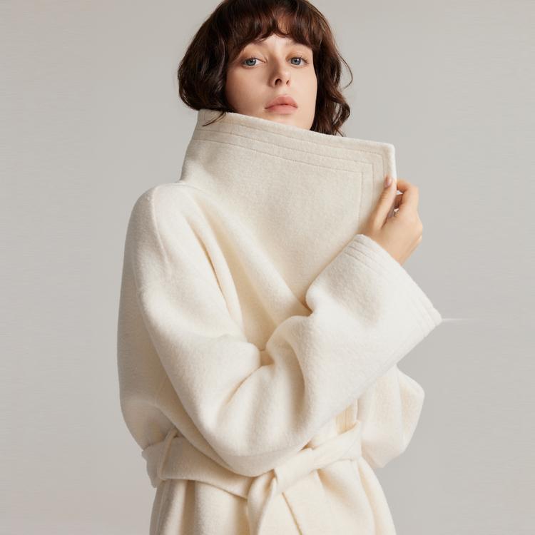 ELLE French Design Lapel Solid Color Tie Shoulder Mid-Length Coat Women coats Beige EN49632