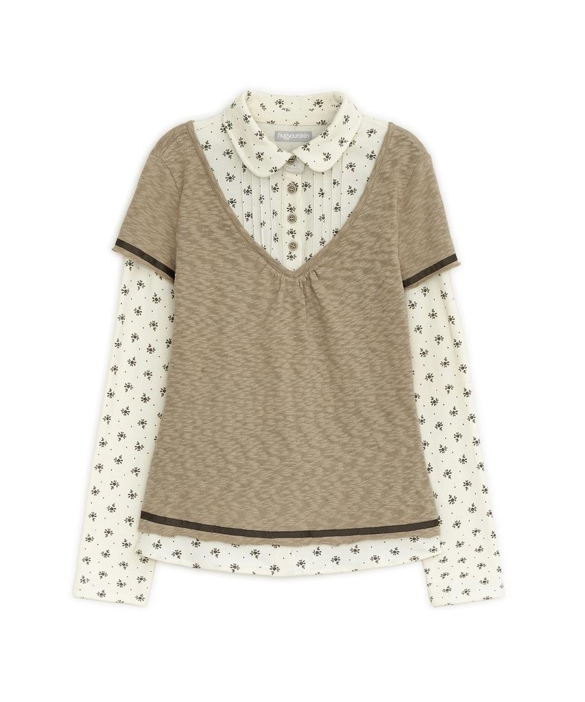 HUG YOUR SKIN Flower Shirt Layered Top (Beige)