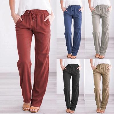 Women Casual Cotton and Linen Solid Drawstring Elastic Waist Long Straight Pants Sports Trousers