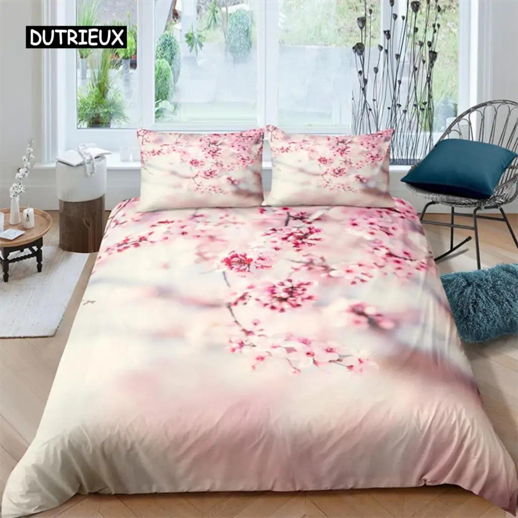 Erik Çiçeği Nevresim Takımı King Pembe Çiçekli Kız Çocuklar İçin Mikrofiber Dallı Baskılı Yatak Örtüsü Takımı