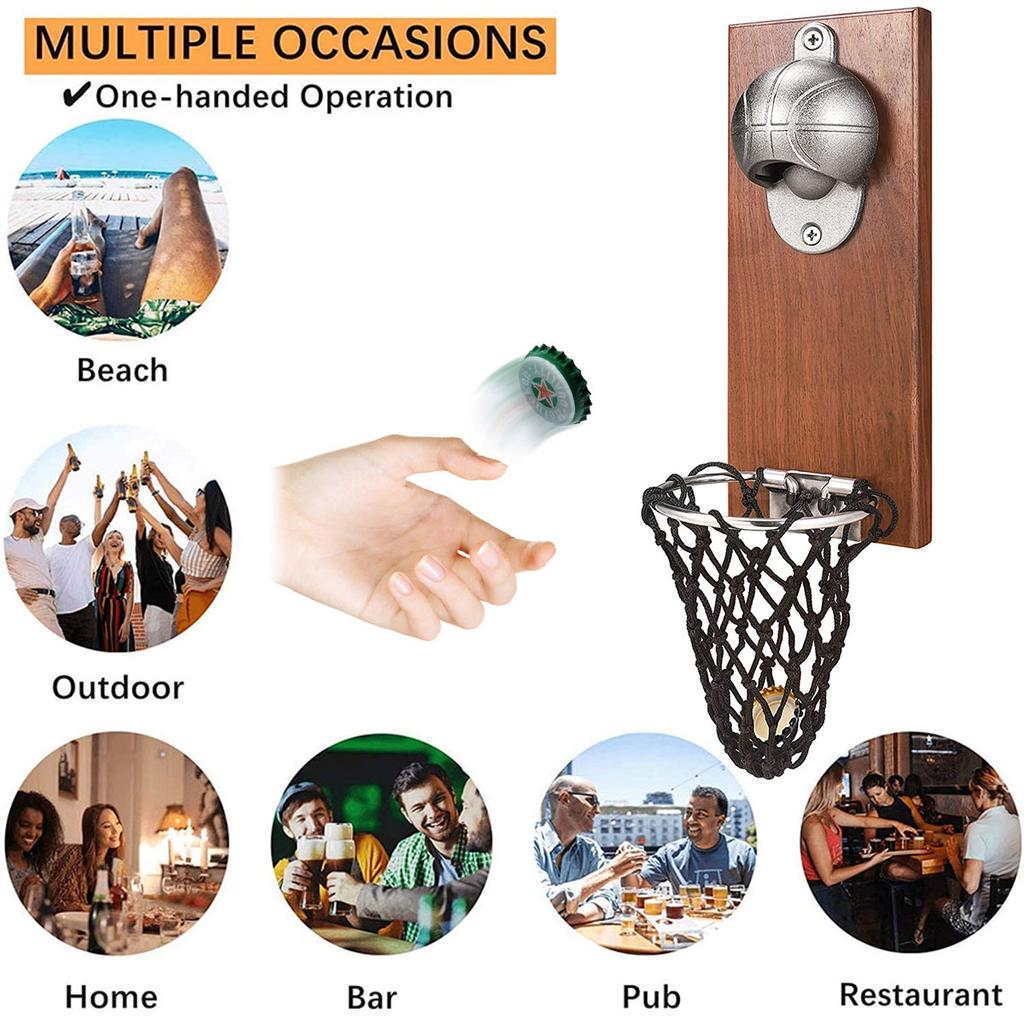 Wall Mounted Bottle Opener Basketball Shot Bottle Opener Wooden Wall-mounted Beer Bottle Opener with Cap Catcher Bar Party Suppl