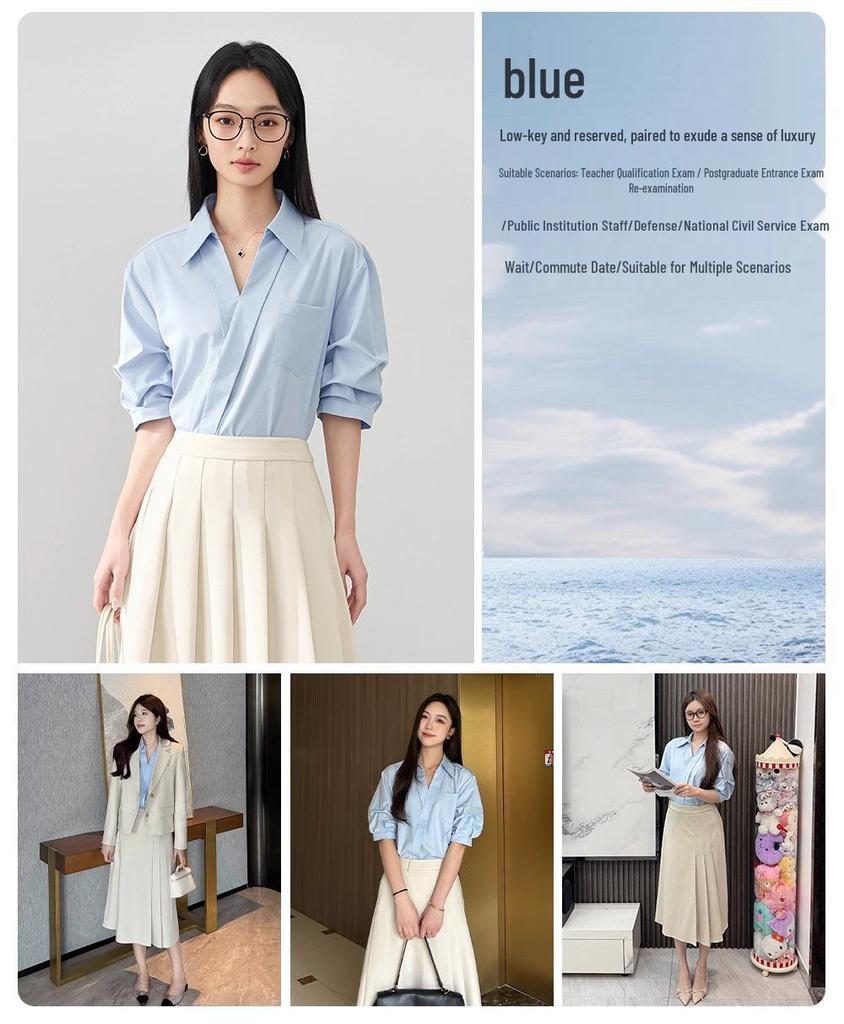 Women's Elegant V-Neck Lapel White Short-Sleeve Shirt, Chic Summer Style, Unique Design