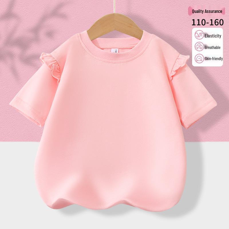 

Летняя хлопковая футболка с рюшами для девочек в корейском стиле 2025 - Круглый вырез, короткий рукав, однотонная, милая майка. 130cm