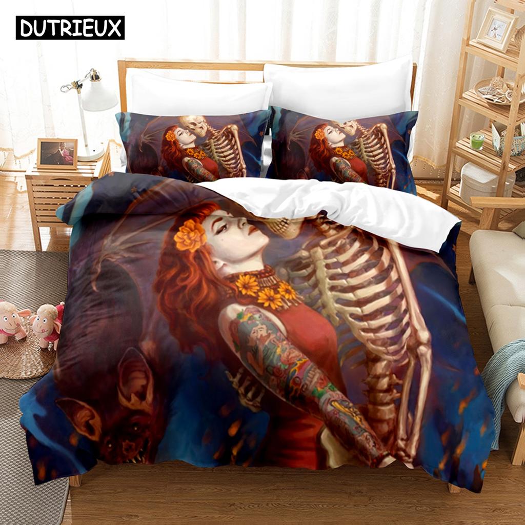 3D-gedrucktes Diablo Caput Mortuum Skelett Bettwäscheset Daunendeckenbezug mit Kissenbezug Doppel Einzel King