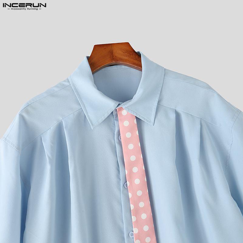 INCERUN Oversized Men Tie Neck Short Sleeve Button Up Casual Loose Shirts Tops