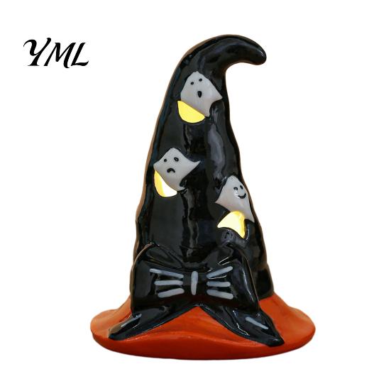 Cute Halloween Room Decoration Ceramic Tealight Holder, Lighted Ghost Pumpkin Figurine with Indoor Party Atmosphere Lamp Witch Hat, Tiered Tray