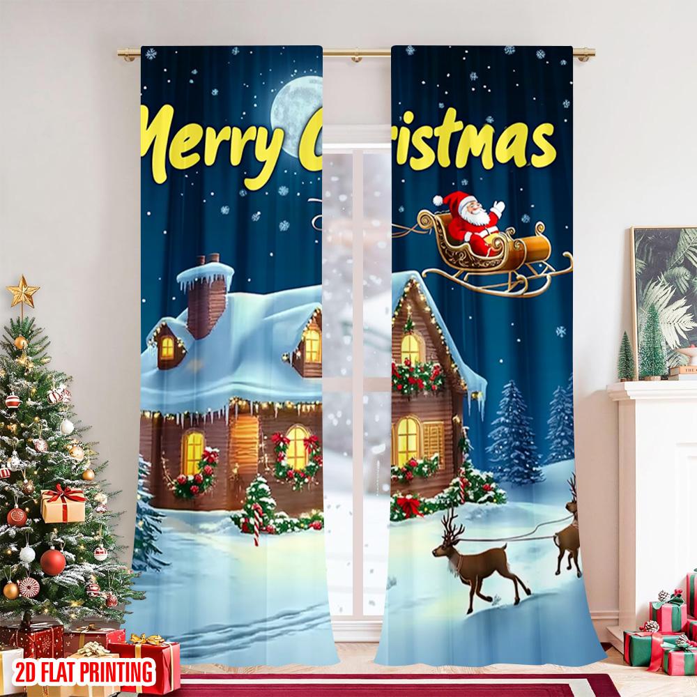 Flat Printing Christmas Scene Curtain Merry Night Versatile Polyester Without Electricity Family Party Set Of 2 Made Washable