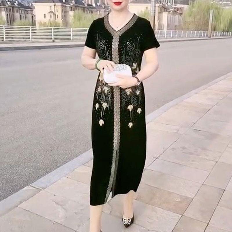 Elegant V-Neck Dresses Straight Summer Short Sleeve All-match Stylish Vintage Flowers Diamonds Midi Dress