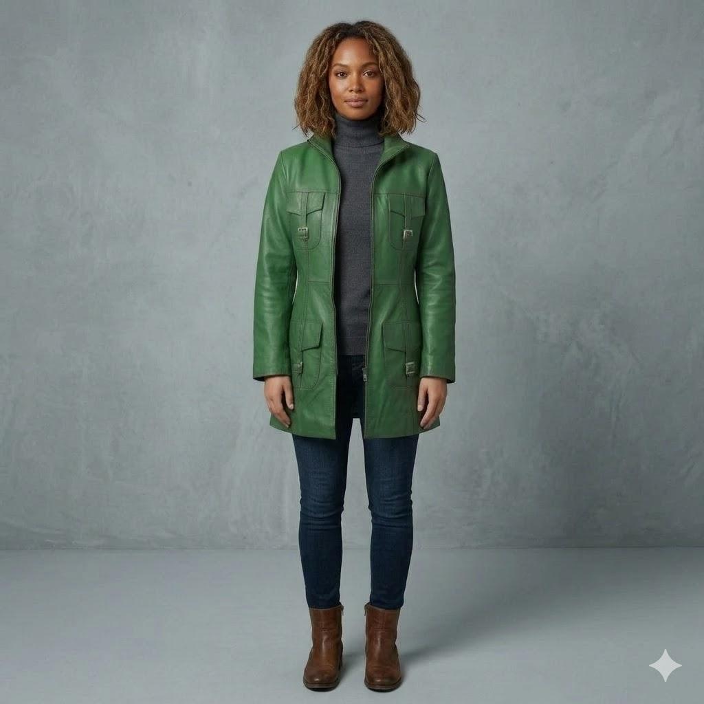 Women s Handmade Trench Coat Green Stylish Fit Genuine Real Lambskin Leather Wear S зелёный