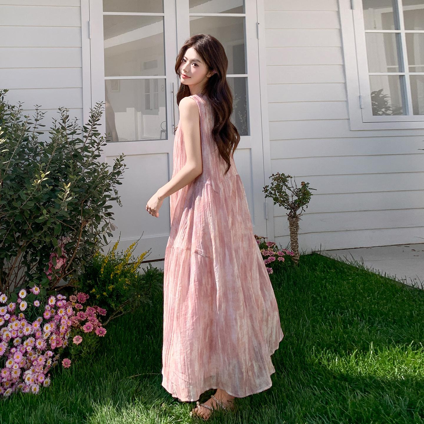 Women Summer Tie Dye Sleeveless Maxi Dress - Loose Fit French Style Flowy Casual Vacation Dress S розовый