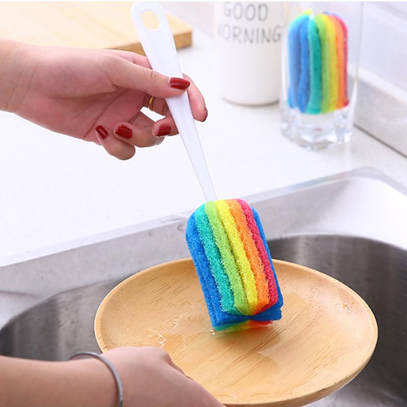 Rainbow Sponge Baby Bottle Pacifier Brush Wash Water Cup Container Sponge Cleaning Brush Scrubber with Handle Cleaning Utensils